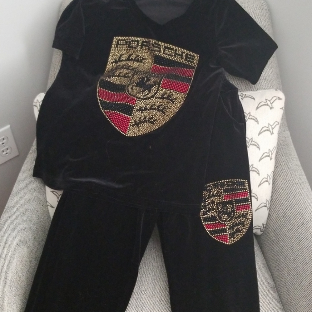 Porsche Design Black Velour Jumpsuit with Gold & Red Crest